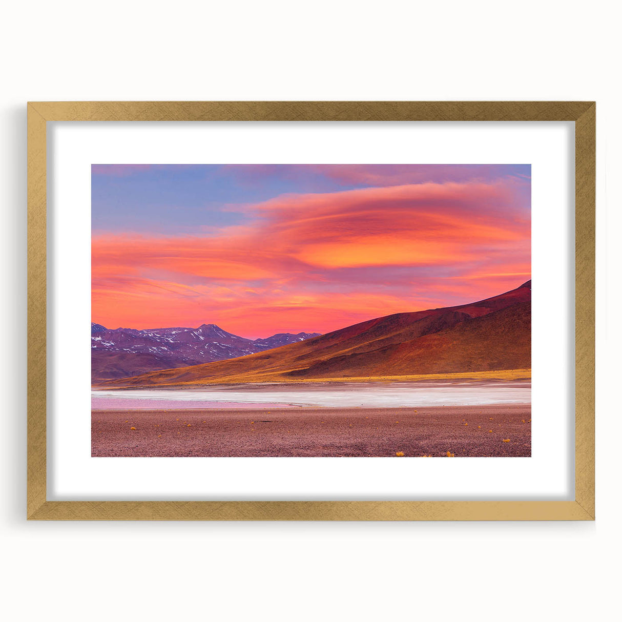 Extra large abstract art print of a textured South American Chilean landscape in gold frame, suited for living room decor.