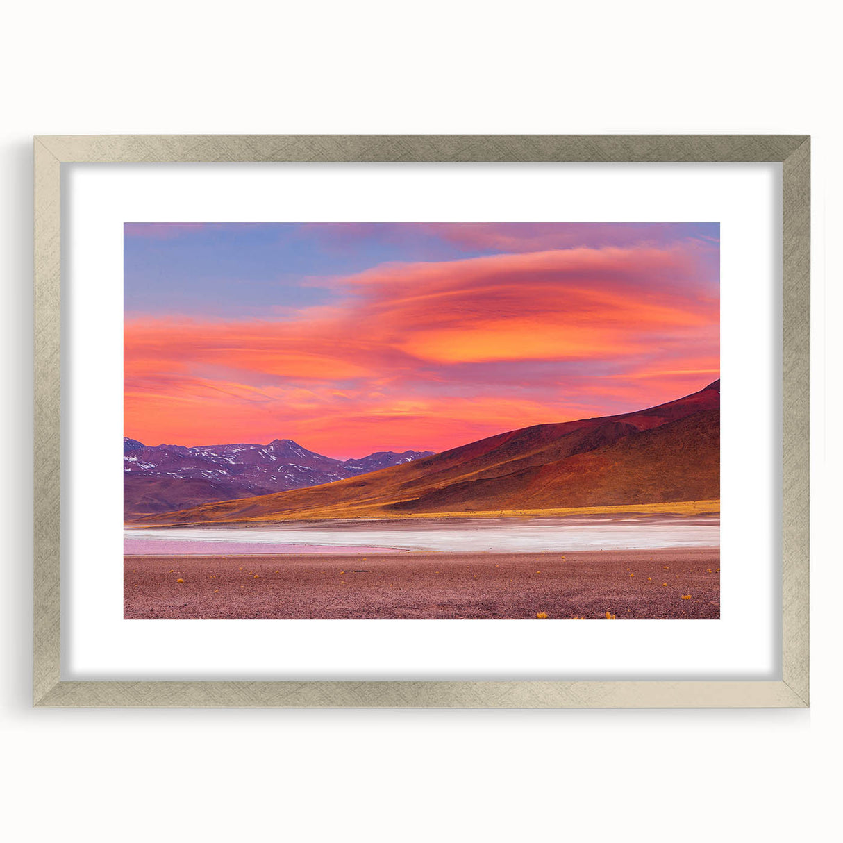 Textured art print of an abstract South American scenery in silver frame, ideal for bedroom decor.