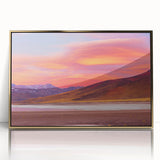 Large art print of a South American Chilean landscape in muted earth tones, framed in gold acrylic.