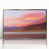 Mid-century modernist art depicting a Chilean landscape in muted earth tones, framed in silver acrylic.