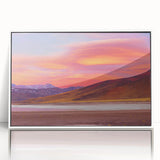 Acrylic print of a Chilean landscape in art deco style with muted earth tones, ideal for modern art wall decor in a nursery.