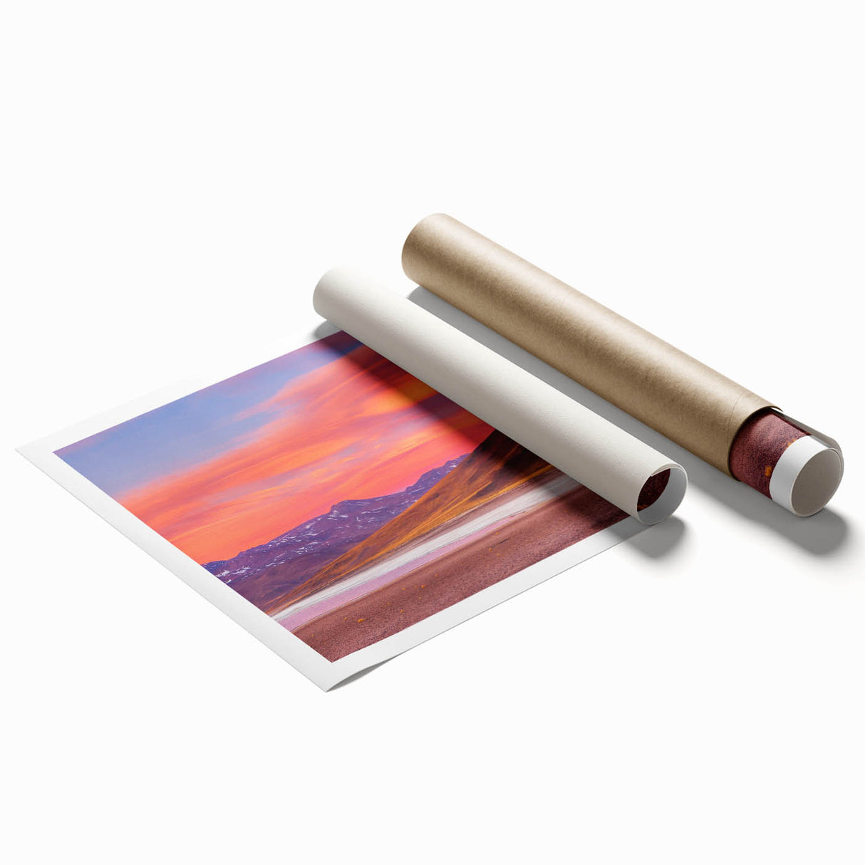 Extra large rolled print of a floral scene in muted green and pink tones.