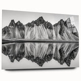 Large abstract depiction of an Alaskan landscape in cool blue and gray tones on acrylic glass.