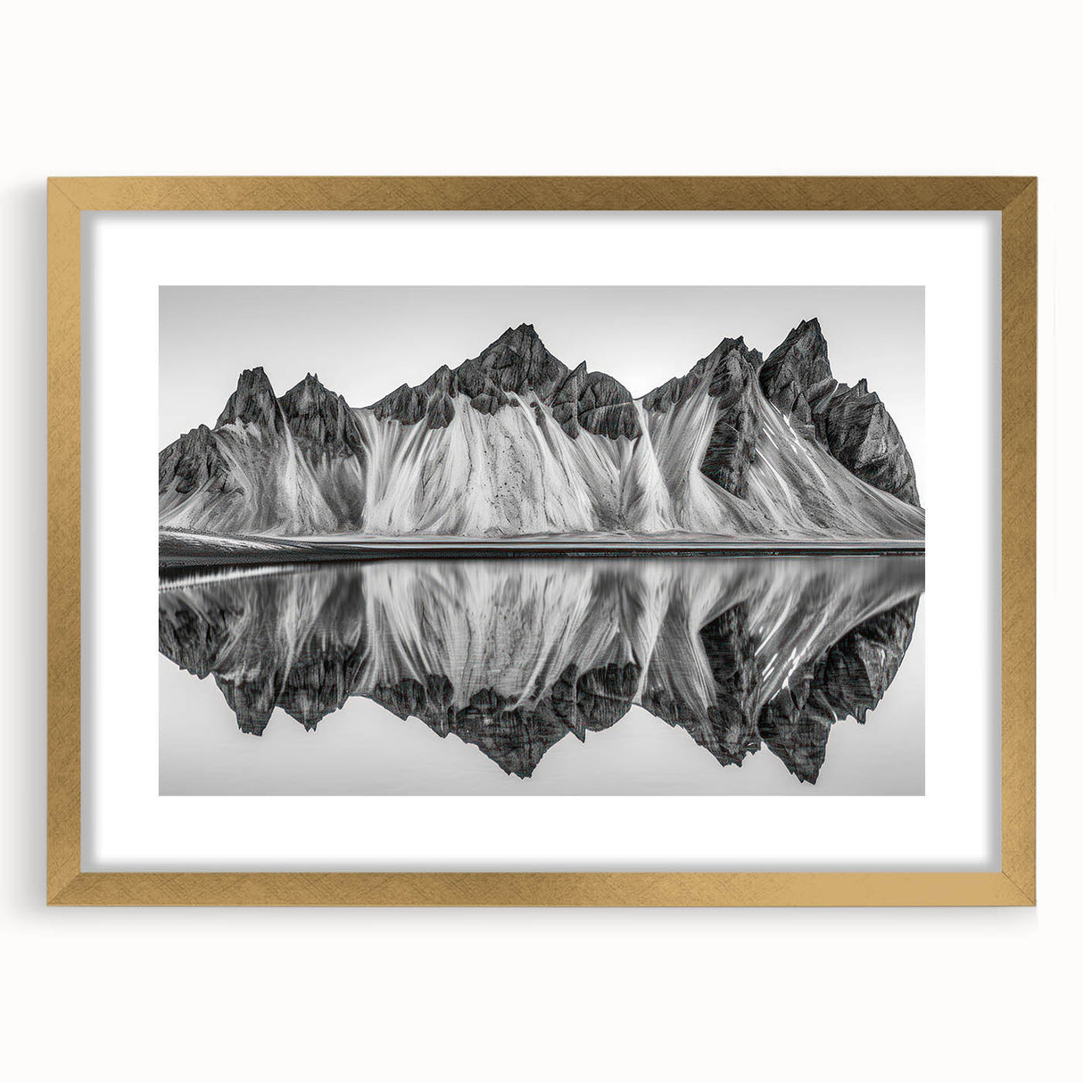 Extra large wall art featuring an abstract textured depiction of an Alaskan landscape in muted earth tones, framed in gold.