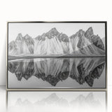 Mid-century modernist art depicting an Alaskan landscape in acrylic, muted earth tones, framed, ideal for nursery wall decor.