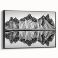 Black and white framed canvas of an Alaskan landscape, ideal for bedroom wall decor.