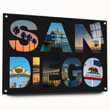 Acrylic print of San Diego skyline in muted blue and gray tones, suitable for bedroom or dining room decor.