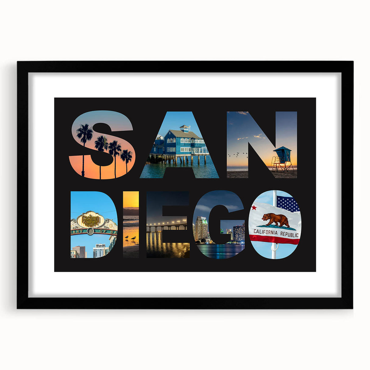 Extra large abstract art print of colorful, textured San Diego scenery on a black framed canvas, ideal for living room decor.