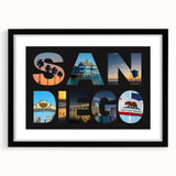 Extra large abstract art print of colorful, textured San Diego scenery on a black framed canvas, ideal for living room decor.
