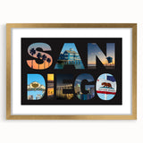 Extra large abstract art print of San Diego scenery in textured gold frame, ideal for living room decor.