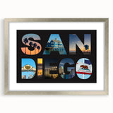 Textured abstract art print of San Diego scenery in muted earth tones, framed in silver, ideal for bedroom decor.