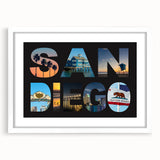 Abstract art print of San Diego skyline in muted blue and gray, framed with a white mat, ideal for dining room decor.