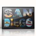 Large abstract wall art depicting San Diego with vibrant colors on a framed acrylic, ideal for modern living room decor.