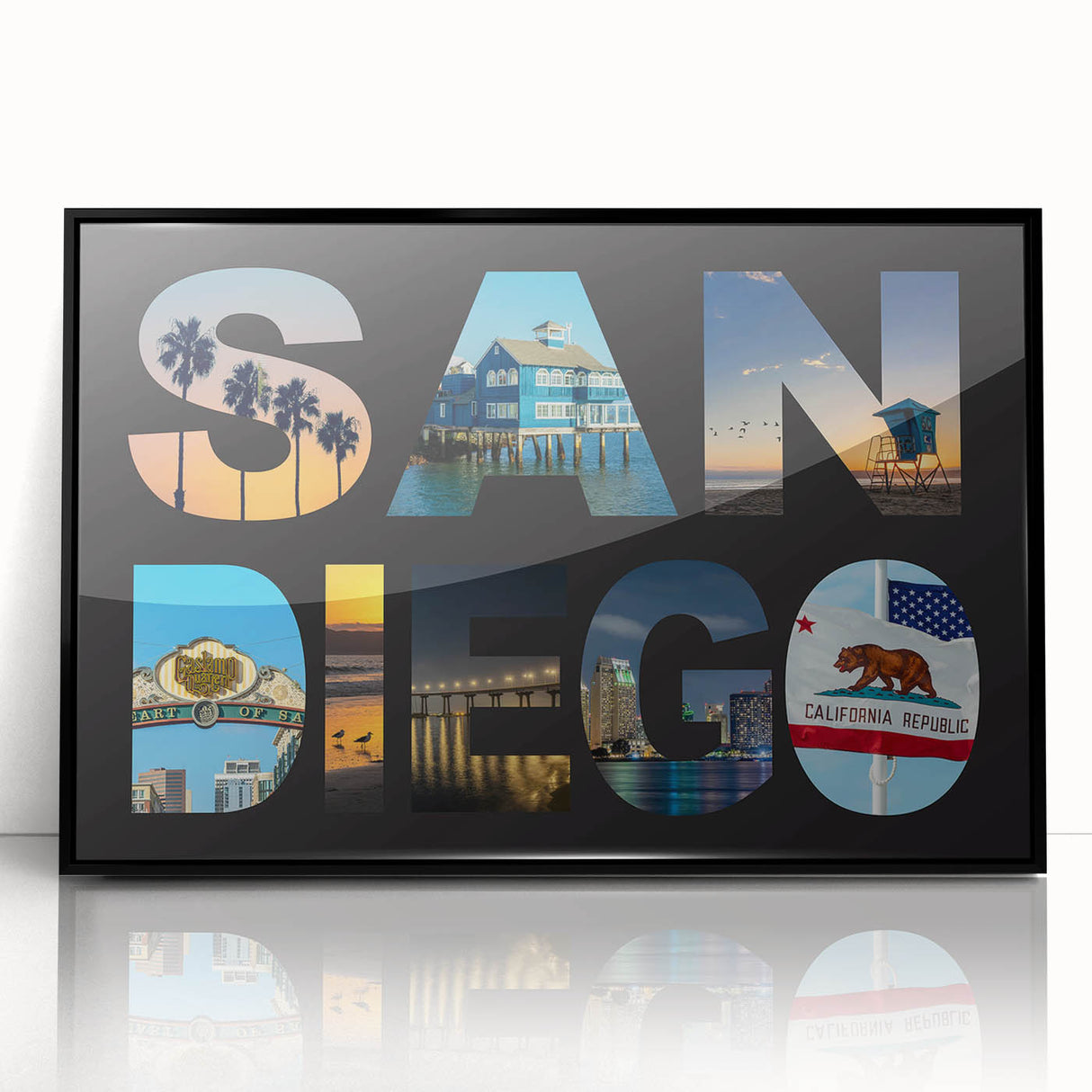 Large abstract wall art depicting San Diego with vibrant colors on a framed acrylic, ideal for modern living room decor.