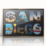 Large art print of San Diego skyline in mid-century modernist style, framed in gold, ideal for modern art wall decor.