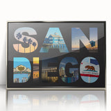 Mid-century modernist art depicting San Diego skyline in muted blue tones on a framed acrylic print.