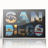 Acrylic print of San Diego scenery in art deco style, with muted blue and white tones.