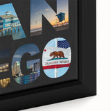 Close-up of a textured black wall art featuring a colorful San Diego scenery on a framed canvas, ideal for living room decor.