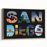 Framed canvas wall art featuring a vintage-style landscape of San Diego in muted gold and black tones.