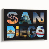 Framed canvas depicting a colorful San Diego landscape, with a vintage poster art style, ideal for living room decor.