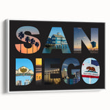 Vintage poster art of San Diego skyline on extra large framed canvas, with colorful palette, ideal for living room wall.