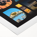 Art deco poster of San Diego skyline in muted blue hues on rolled canvas, suitable for dining room wall art.