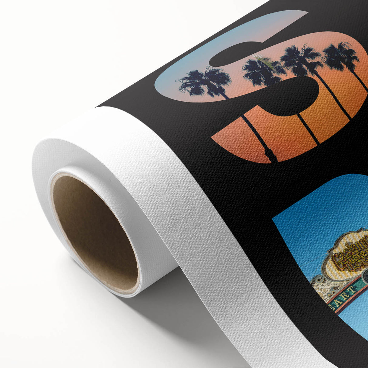 Art Deco style poster of San Diego scenery in muted blue and pink tones on rolled canvas, ideal for nursery wall art.