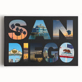 Black and white stretched canvas of the San Diego skyline, ideal for kitchen wall art.