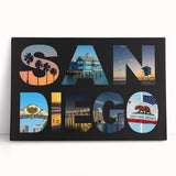 Large black and white stretched canvas depicting the San Diego skyline, ideal for kitchen wall art or bedroom decor.