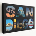 San Diego skyline on large stretched canvas with subdued blue and gray tones, suitable for kitchen wall art.