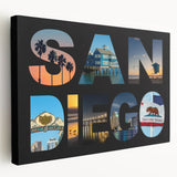 San Diego skyline on large stretched canvas with subdued blue and gray tones, suitable for kitchen wall art.