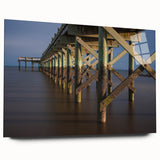 Large abstract wall art featuring muted blue and gray tones on acrylic glass, ideal for bedroom or dining room decor.