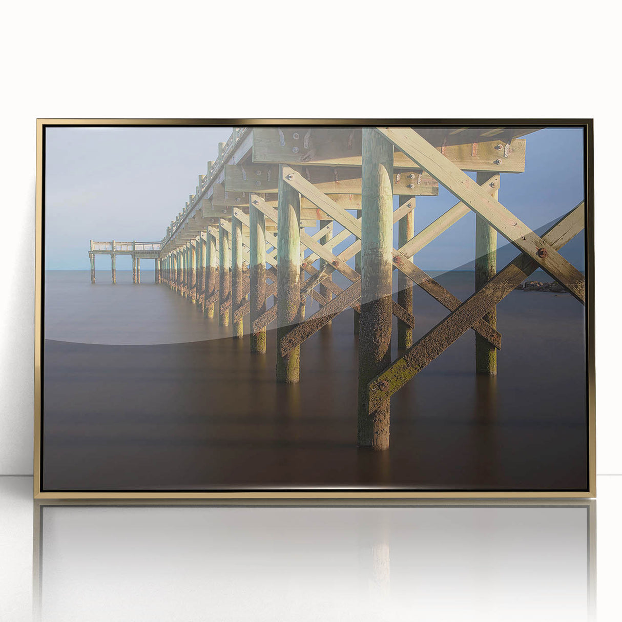 Mid-century modernist acrylic print of a Connecticut landscape in muted earth tones, framed in gold.