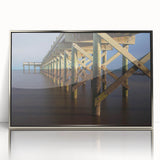 Mid-century modernist art depicting the Connecticut scenery in muted green and blue tones, acrylic print framed in silver.