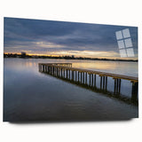 Large abstract wall art of Daytona scenery in muted blue and gray tones on acrylic glass.