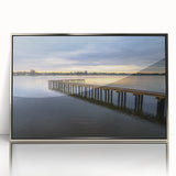 Mid-century modernist Daytona scenery on a silver-framed acrylic print, featuring cool blue and gray tones.