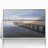 Daytona beach scene in art deco style on white framed acrylic, featuring pastel blue and pink tones.