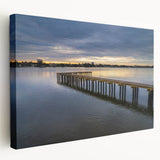 Daytona beach scene in realistic style on large stretched canvas, featuring soft blue and beige tones.