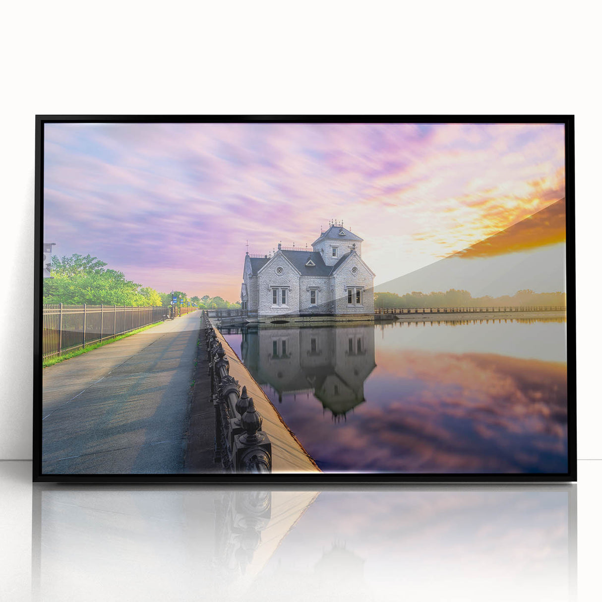 Large abstract wall art featuring a Kentucky landscape in muted green and blue tones on a framed acrylic print.