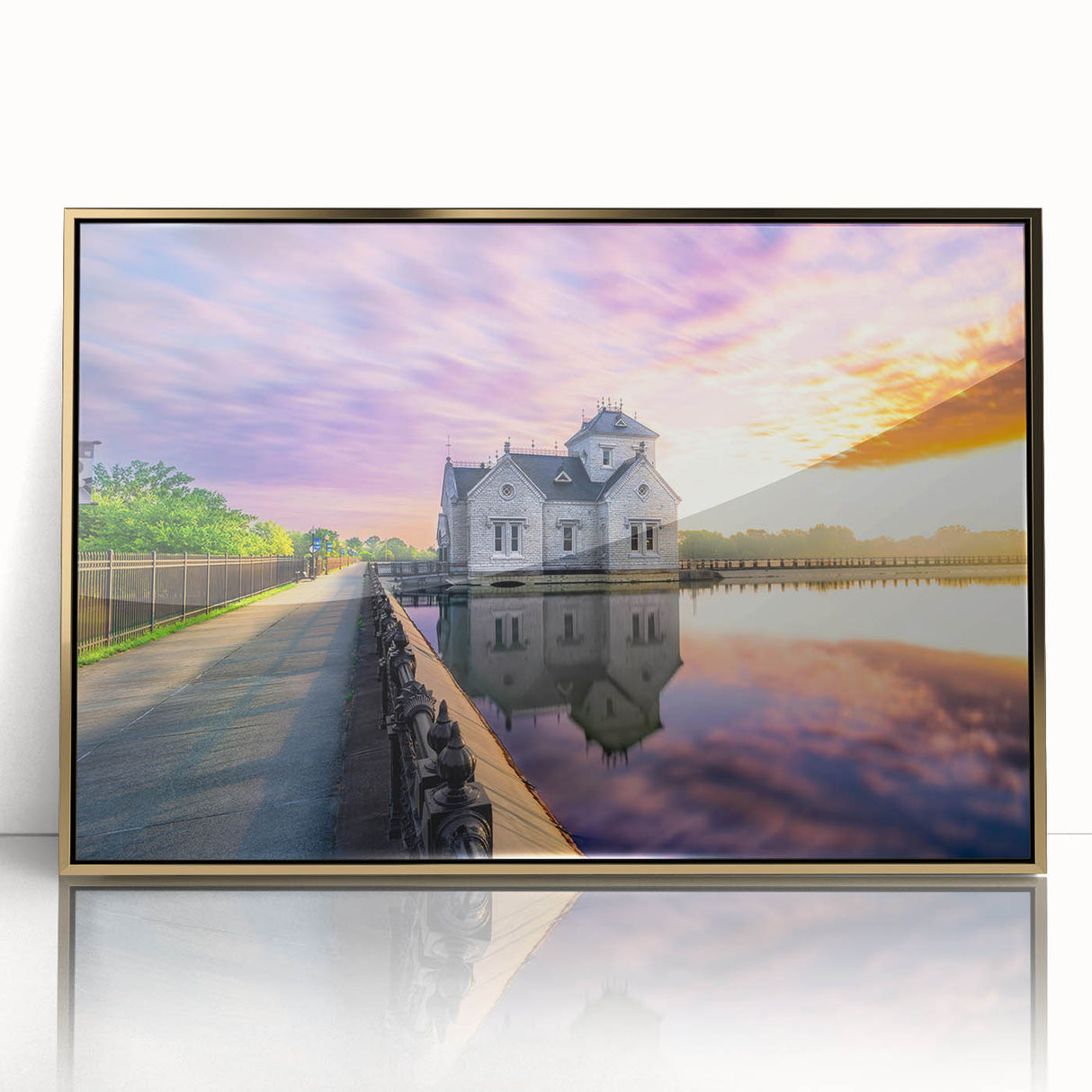 Acrylic print of a Kentucky landscape in muted earth tones, framed in gold, suitable for modern art wall decor.