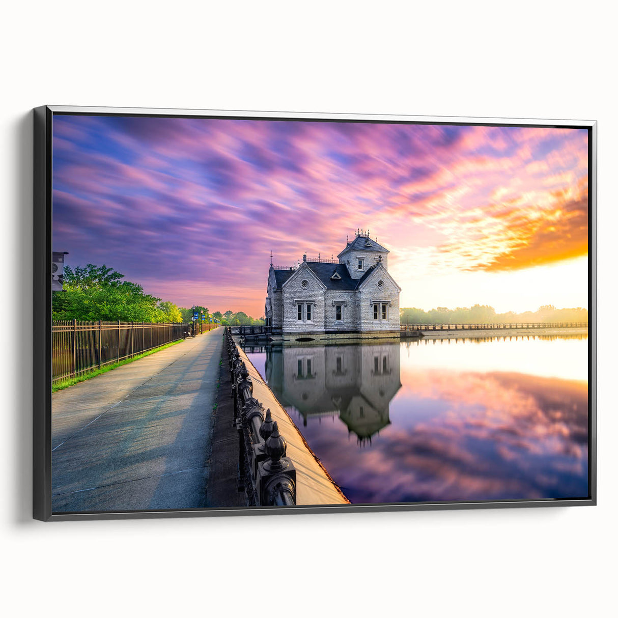 Black and white landscape art painting of Kentucky scenery on a framed canvas, suitable for bedroom decor.