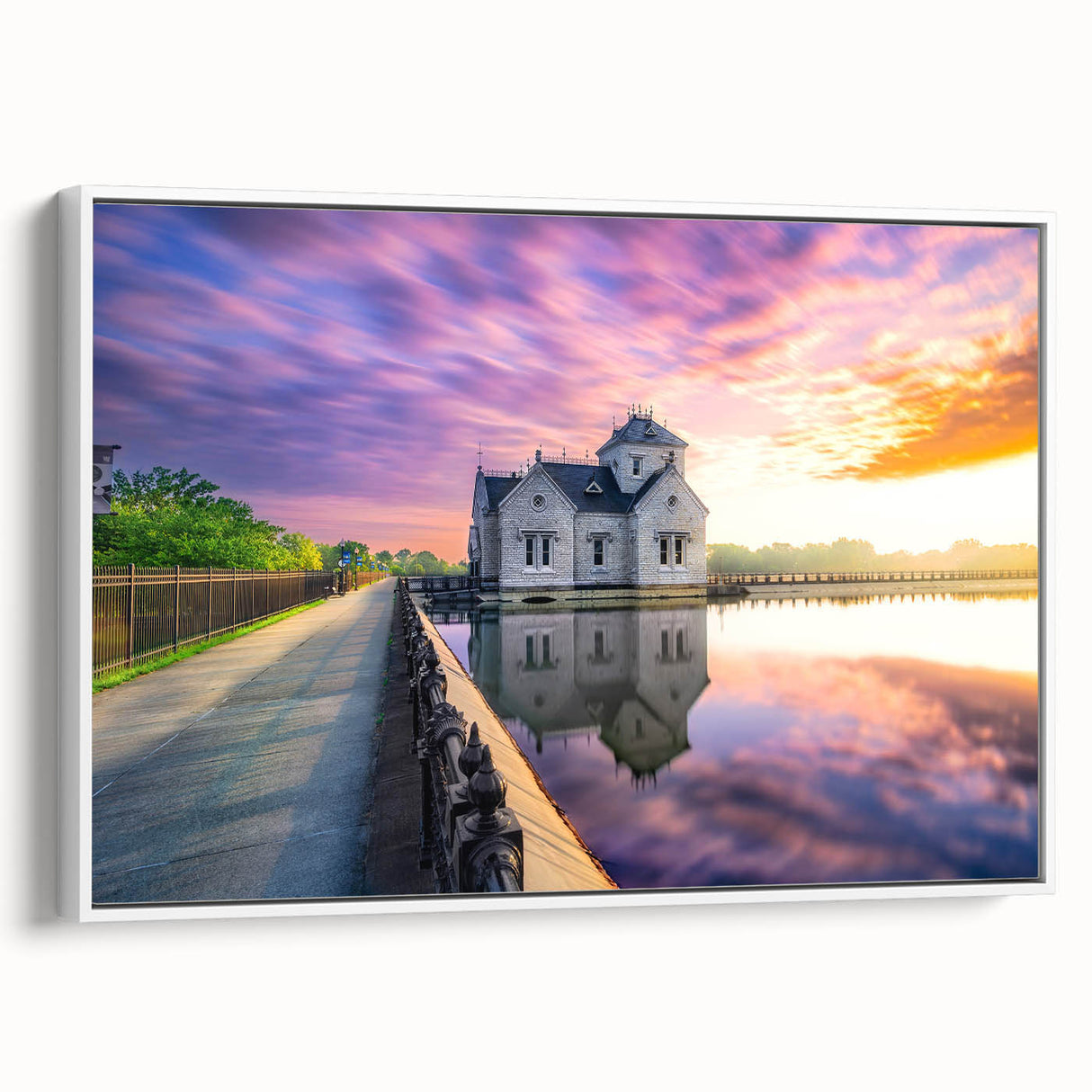 Vintage poster art of Kentucky scenery on a large framed canvas with vibrant colors, ideal for living room decor.