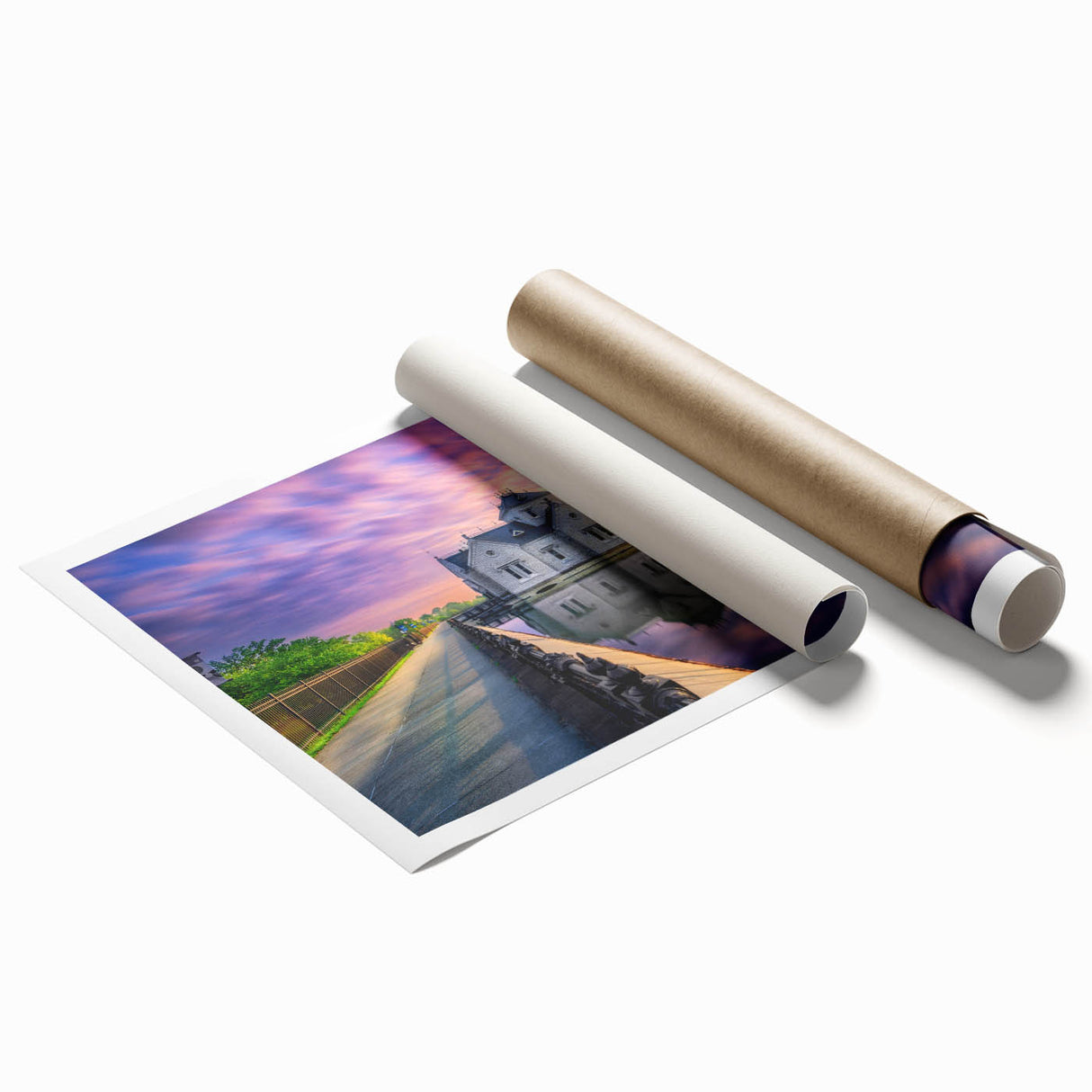 Extra large rolled print of a Kentucky landscape with soft floral motifs in muted greens and blues.