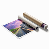 Extra large rolled print of a Kentucky landscape with soft floral motifs in muted greens and blues.