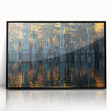Large abstract wall art depicting a vibrant Louisiana landscape in mid-century modernist style on black framed acrylic.