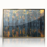 Large art print of a Louisiana landscape in mid-century modernist style, framed in gold acrylic.