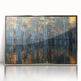 Mid-century modernist art depicting a Louisiana landscape in muted earth tones on a framed acrylic panel.