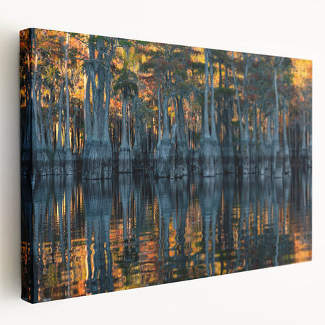 Large stretched canvas art depicting a serene Louisiana landscape in soft green and blue tones.