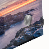 Large abstract depiction of Acadia, Maine, in mid-century modernist style on acrylic glass, ideal for dining room art.