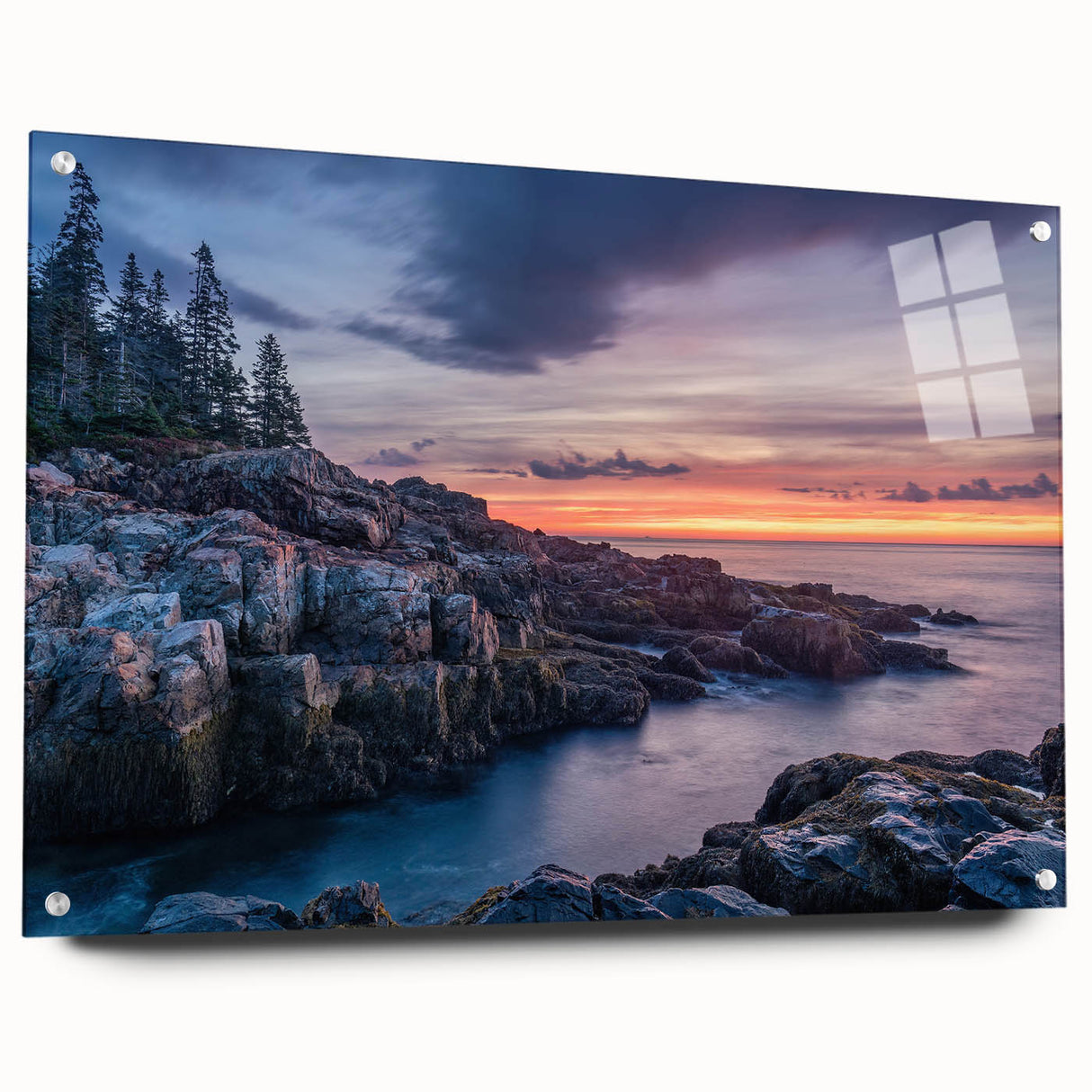 Acadia National Park scenery on large acrylic glass, featuring lush green and blue tones, ideal for dining room decor.